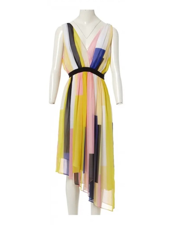 Sandro Dresses & Skirts - Sandro Paris Yellow Multi-Color Asymmetric Hem Chiffon Dress, Size 4